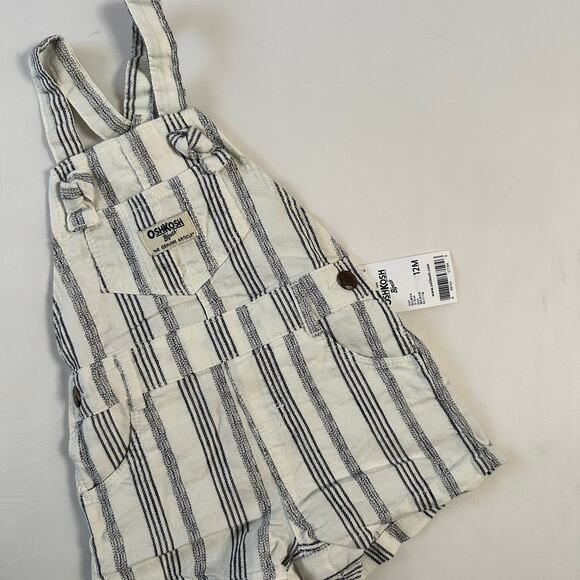 NWT OshKosh B'gosh White & Navy Striped Fabric Overalls Sz 12 Mo - Picture 1 of 7